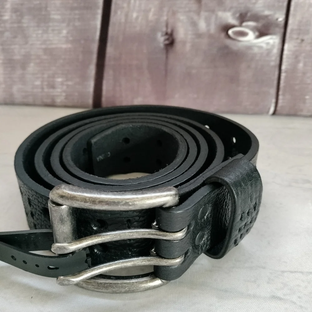 Brighton  Honest  Sz 34 Men's Black Hand Tooled Studded Leather Belt M70743 TAG